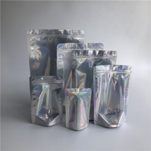 Groothandel hersluitbare transparante holografische opstaande zakjes Gelamineerd plastic cosmetische ritszakken Verpakking op voorraad